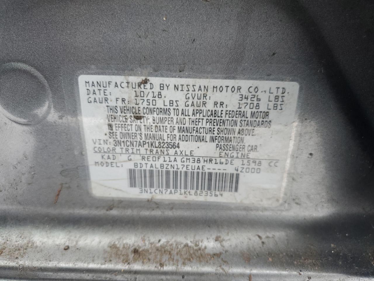 2019 Nissan Versa VIN 3N1CN7AP1KL823564 Copart auction photo, all over damage thumbnail 15