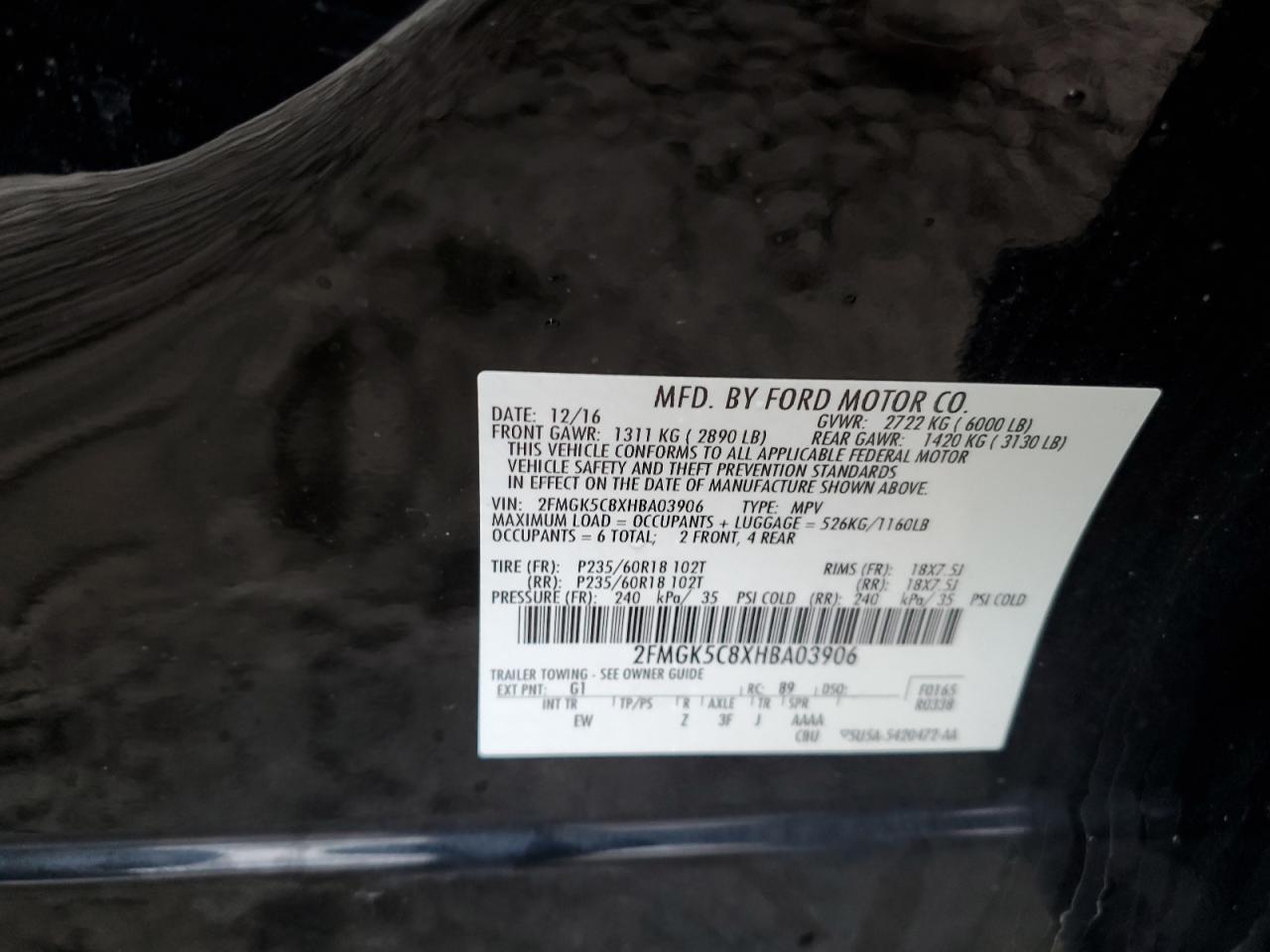 2017 Ford Flex VIN 2FMGK5C8XHBA03906 Copart auction photo, front end damage thumbnail 15