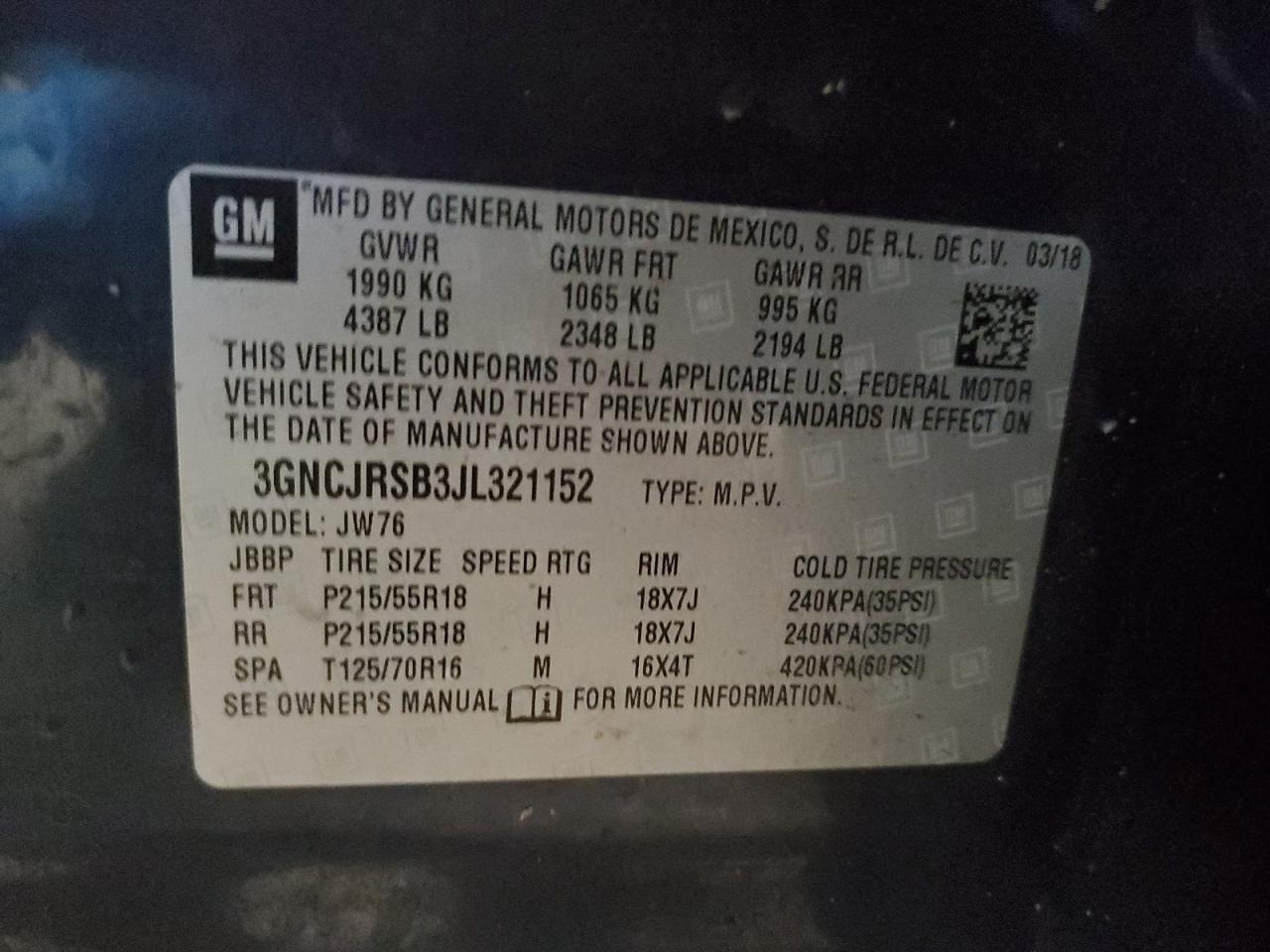 2018 Chevrolet Trax VIN 3GNCJRSB3JL321152 Copart auction photo, rear end damage thumbnail 14