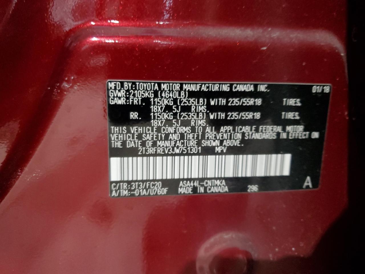 2018 Toyota RAV 4 VIN 2T3RFREV3JW751301 Copart auction photo, rear end / front end damage thumbnail 15