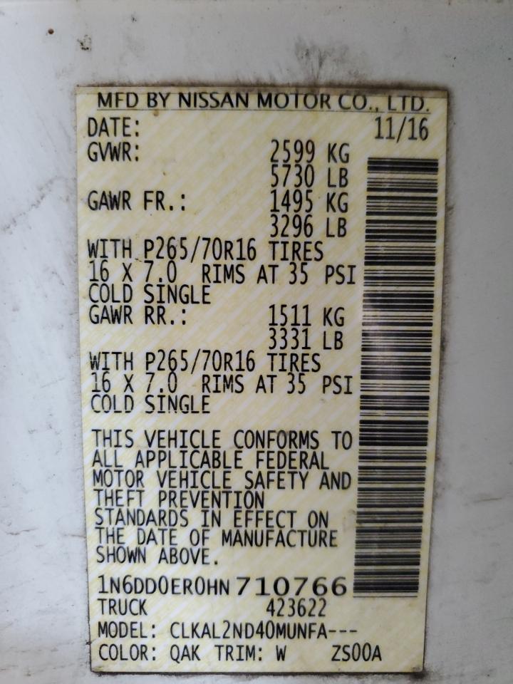 2017 Nissan Navara (Frontier) VIN 1N6DD0ER0HN710766 Copart auction photo, front end damage thumbnail 14