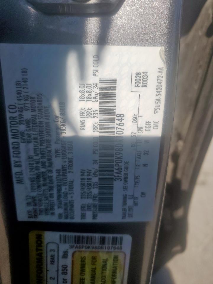 2013 Ford Fusion VIN 3FA6P0K98DR107648 Copart auction photo, side damage thumbnail 12