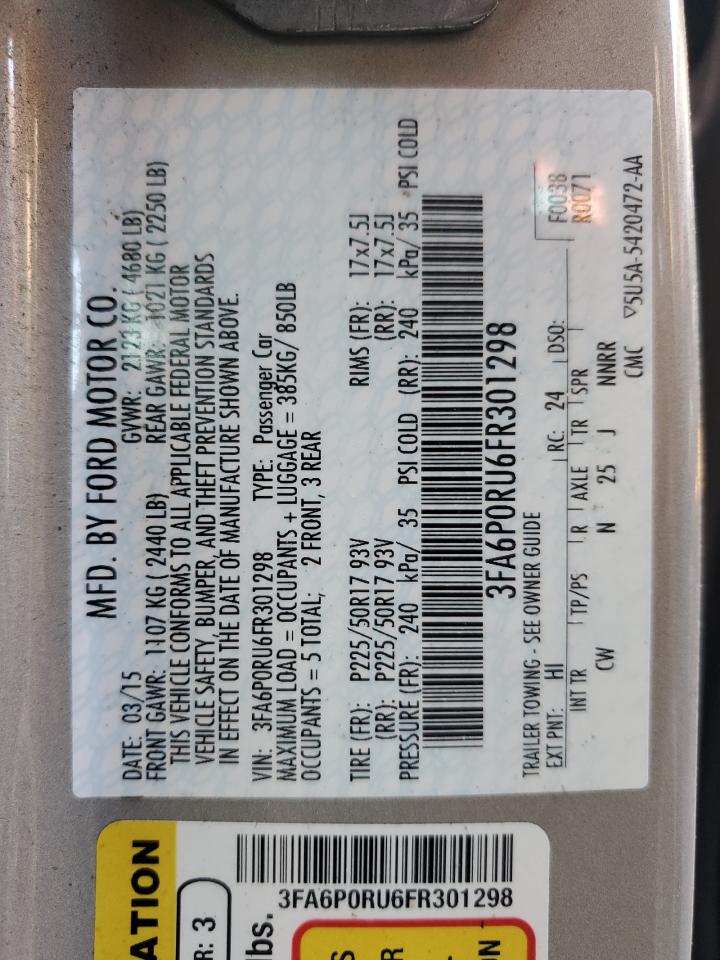 2015 Ford Fusion VIN 3FA6P0RU6FR301298 Copart auction photo, water/flood damage thumbnail 13