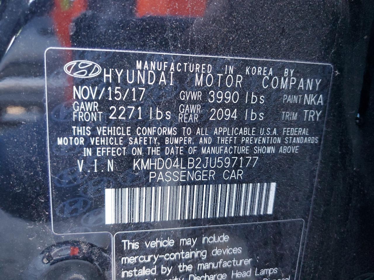 2018 Hyundai Elantra VIN KMHD04LB2JU597177 Copart auction photo, front end damage thumbnail 13