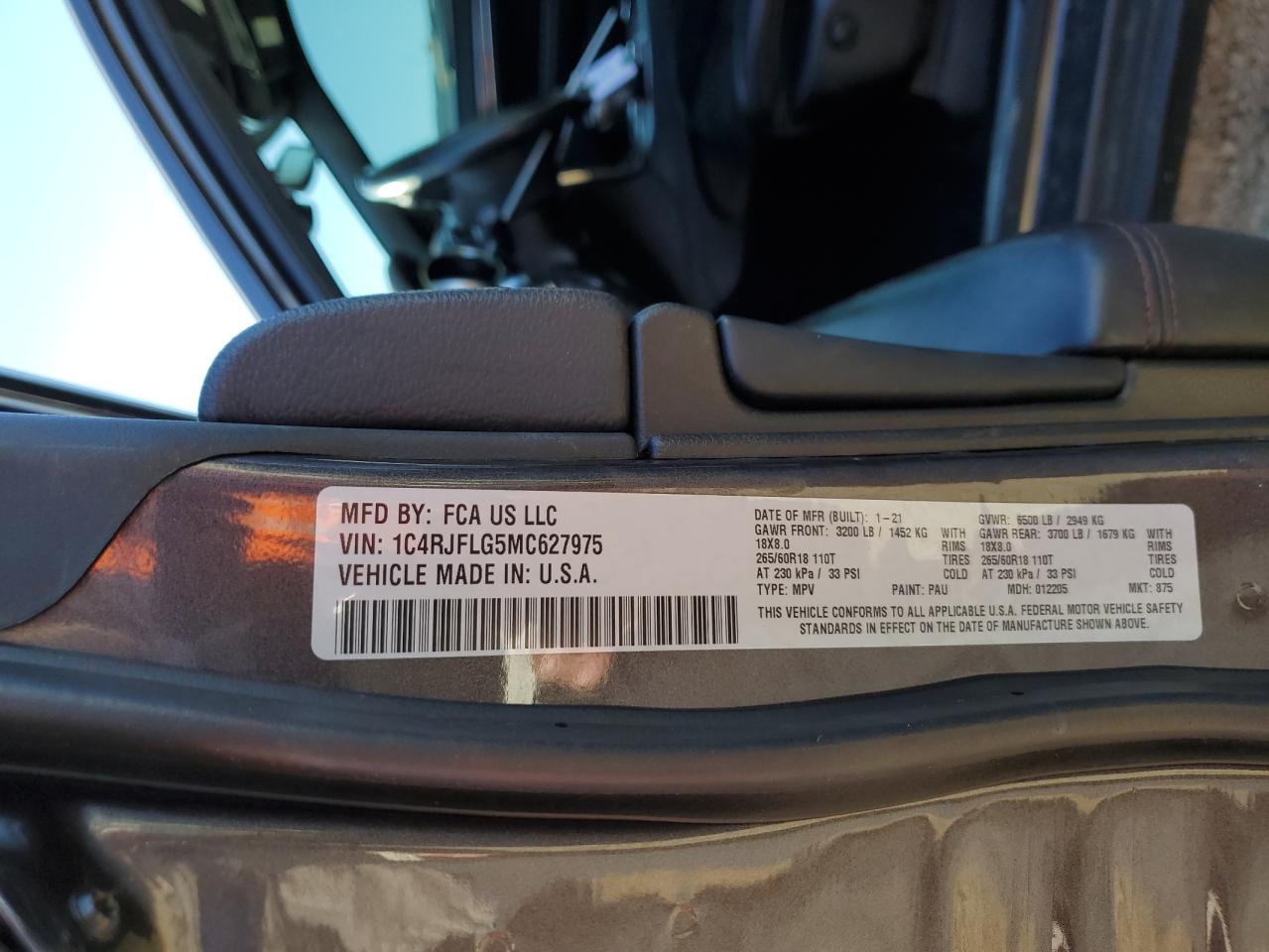 2021 Jeep Grand Cherokee VIN 1C4RJFLG5MC627975 Copart auction photo, undercarriage / side damage thumbnail 15