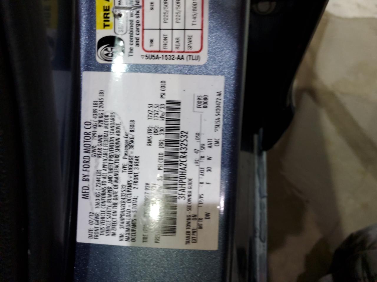 2012 Ford Fusion VIN 3FAHP0HA2CR432532 Copart auction photo, side / front end damage thumbnail 12