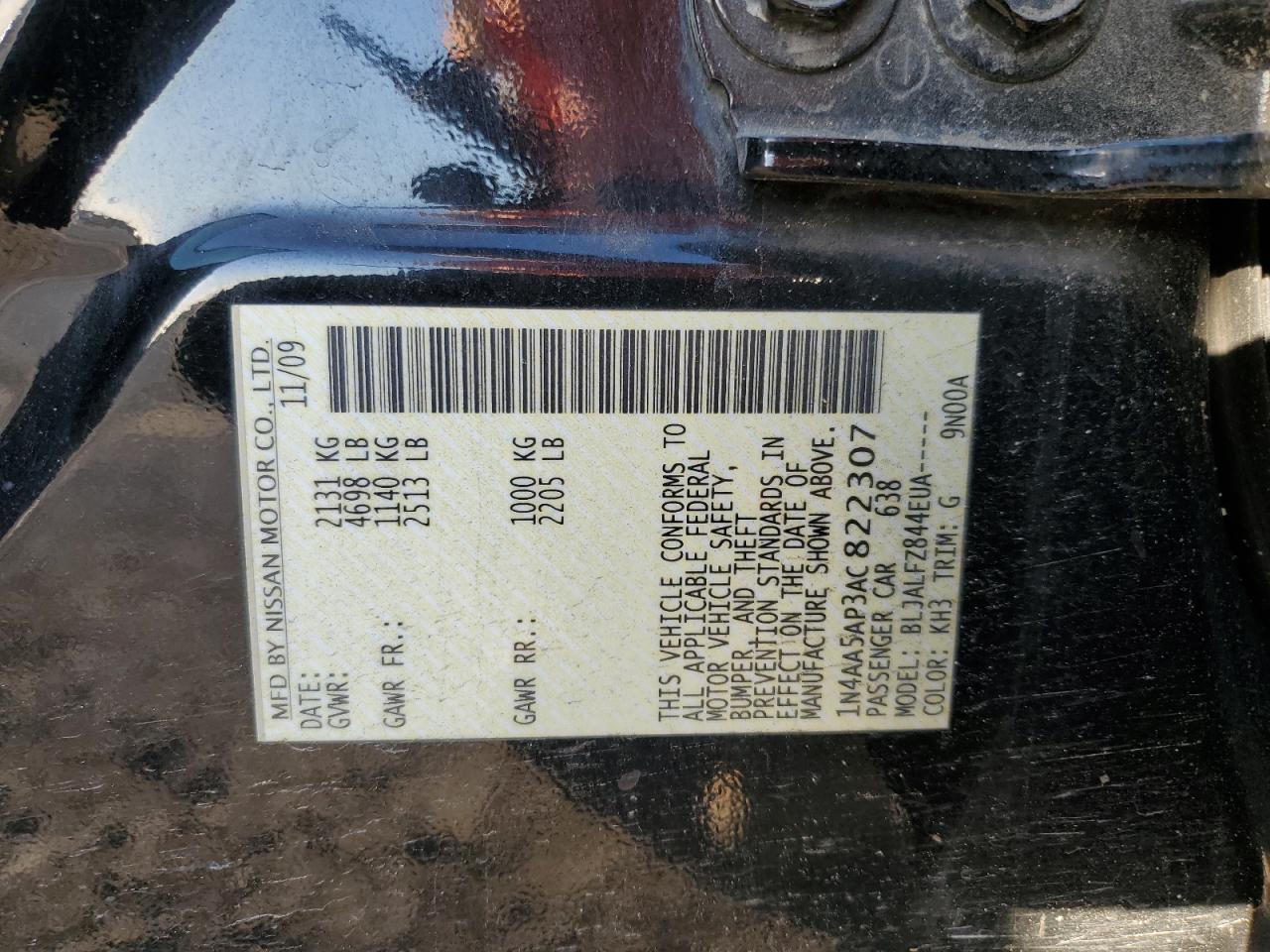2010 Nissan Maxima VIN 1N4AA5AP3AC822307 Copart auction photo, front end damage thumbnail 13