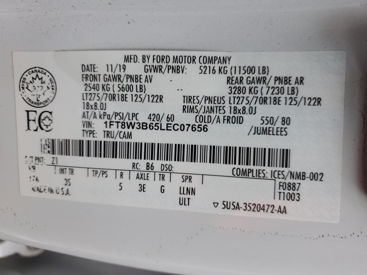2020 Ford F350 VIN 1FT8W3B65LEC07656 Copart auction photo, front end damage thumbnail 12