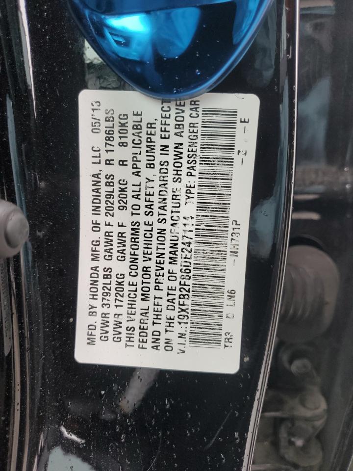 2013 Honda Civic VIN 19XFB2F86DE247114 Copart auction photo, rear end / side damage thumbnail 12