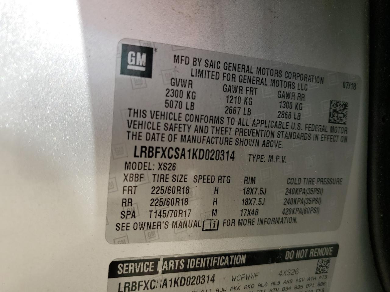2019 Buick Envision VIN LRBFXCSA1KD020314 Copart auction photo, all over damage thumbnail 13