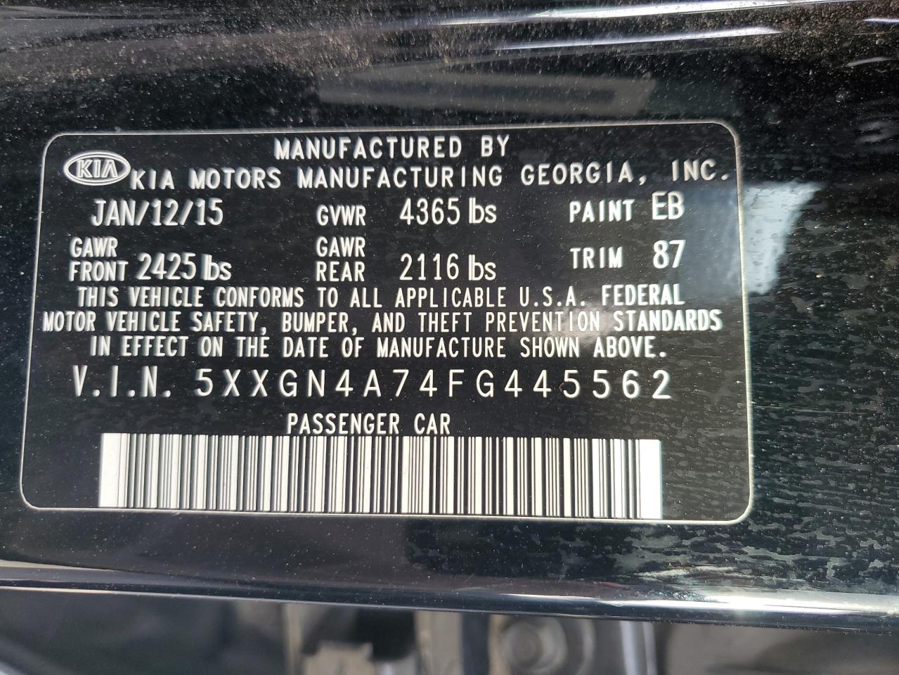 2015 KIA Optima VIN 5XXGN4A74FG445562 Copart auction photo, minor dent/scratches / mechanical damage thumbnail 12