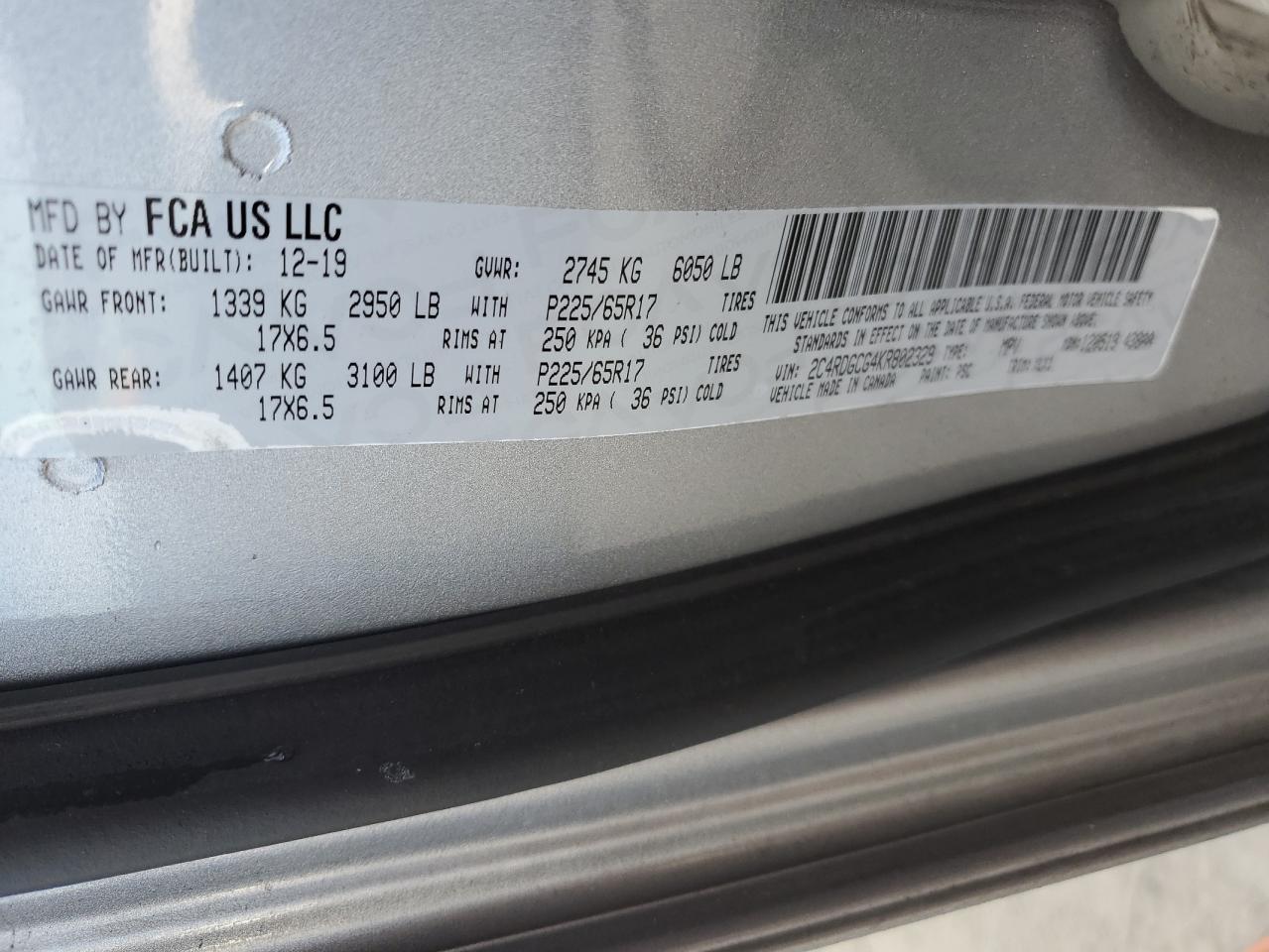 2019 Dodge Caravan VIN 2C4RDGCG4KR802329 Copart auction photo, front end damage thumbnail 14