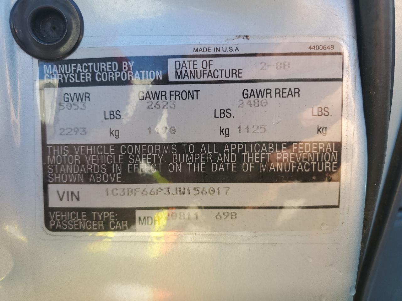 1988 Chrysler Fifth Avenue VIN 1C3BF66P3JW156017 Copart auction photo, minor dent/scratches damage thumbnail 12