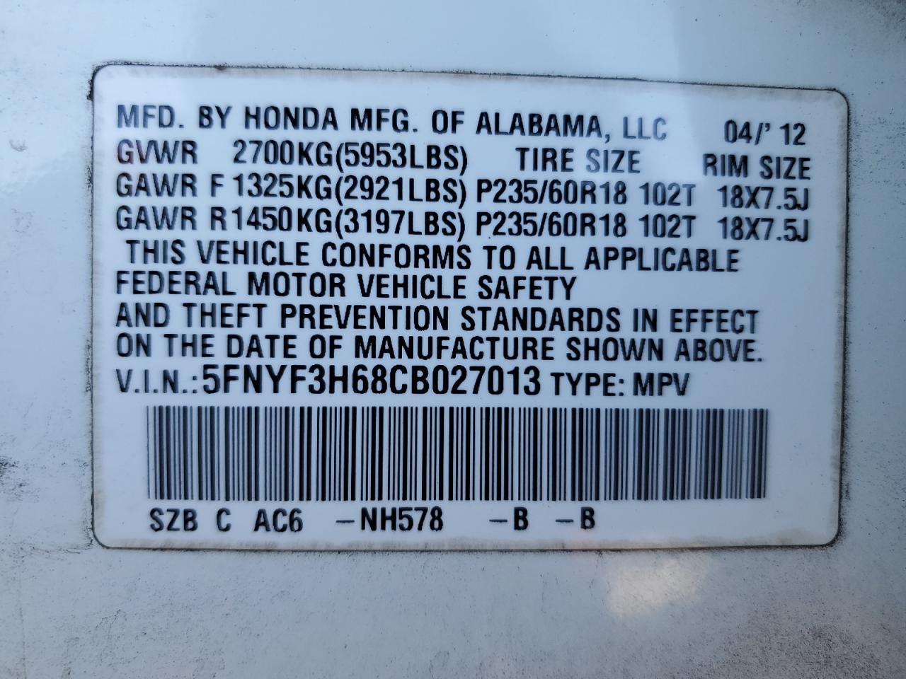 2012 Honda Pilot VIN 5FNYF3H68CB027013 Copart auction photo, top/roof / all over damage thumbnail 13