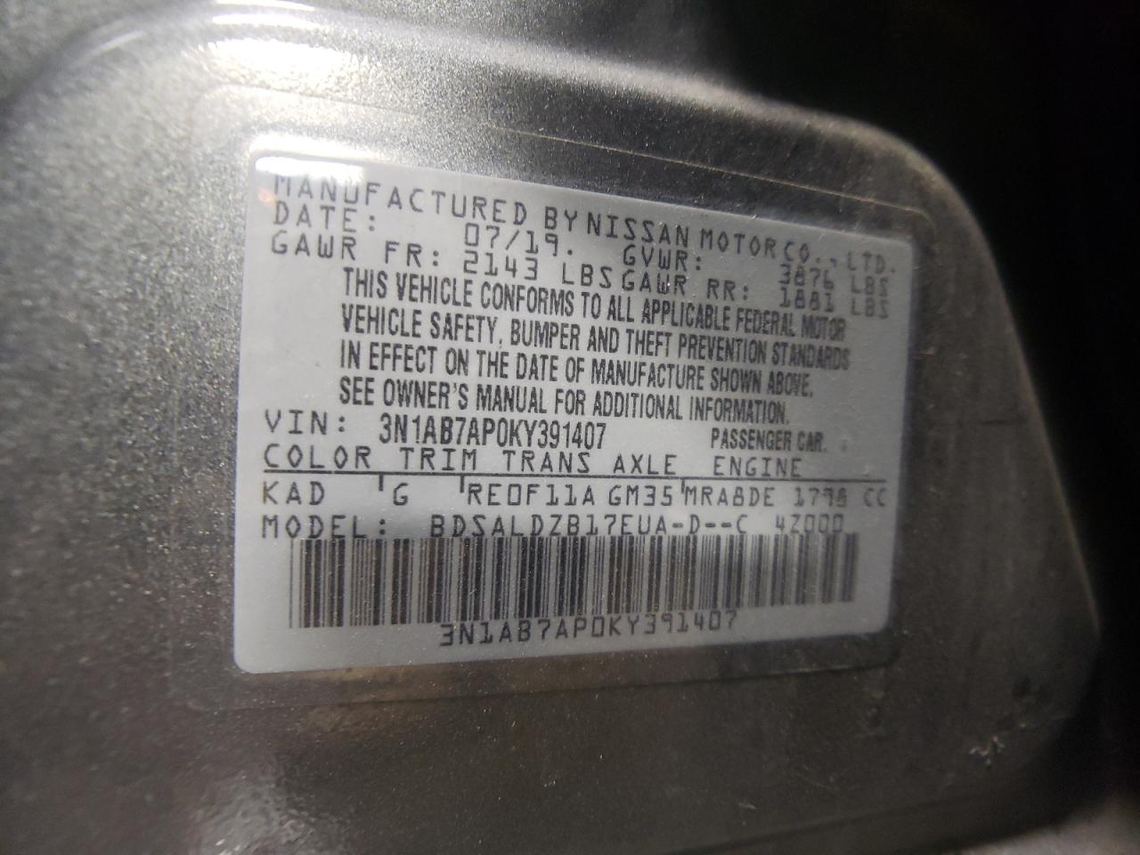2019 Nissan Sentra VIN 3N1AB7AP0KY391407 Copart auction photo, front end / rear end damage thumbnail 9