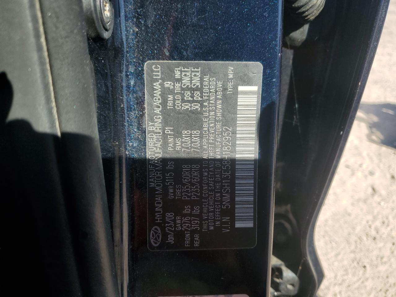 2008 Hyundai Santa Fe VIN 5NMSH13E58H182952 Copart auction photo, side / rear end damage thumbnail 13