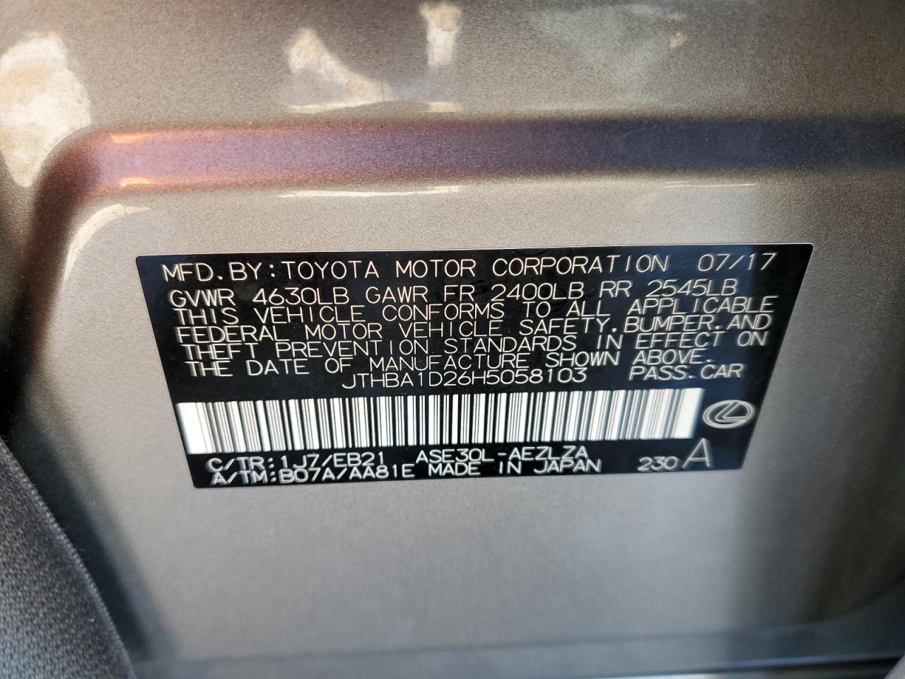 2017 Lexus IS VIN JTHBA1D26H5058103 Copart auction photo, front end / undercarriage damage thumbnail 12
