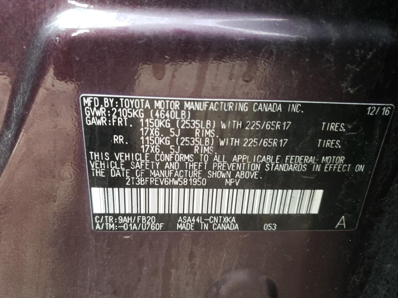 2017 Toyota RAV 4 VIN 2T3BFREV6HW581950 Copart auction photo, front end / undercarriage damage thumbnail 15