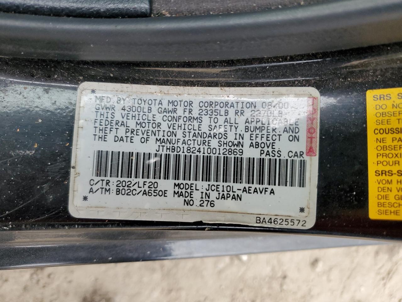2001 Lexus IS VIN JTHBD182410012869 Copart auction photo, all over damage thumbnail 12