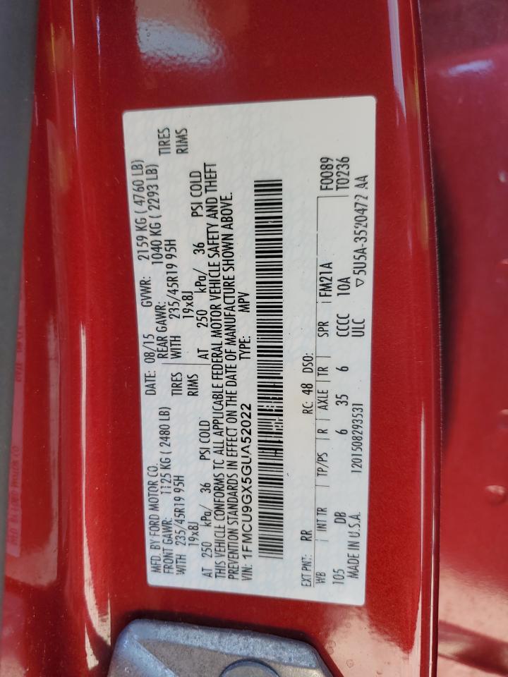 2016 Ford Escape VIN 1FMCU9GX5GUA52022 Copart auction photo, water/flood damage thumbnail 14