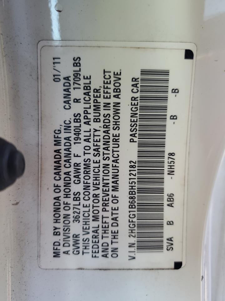 2011 Honda Civic VIN 2HGFG1B68BH512182 Copart auction photo, front end damage thumbnail 12
