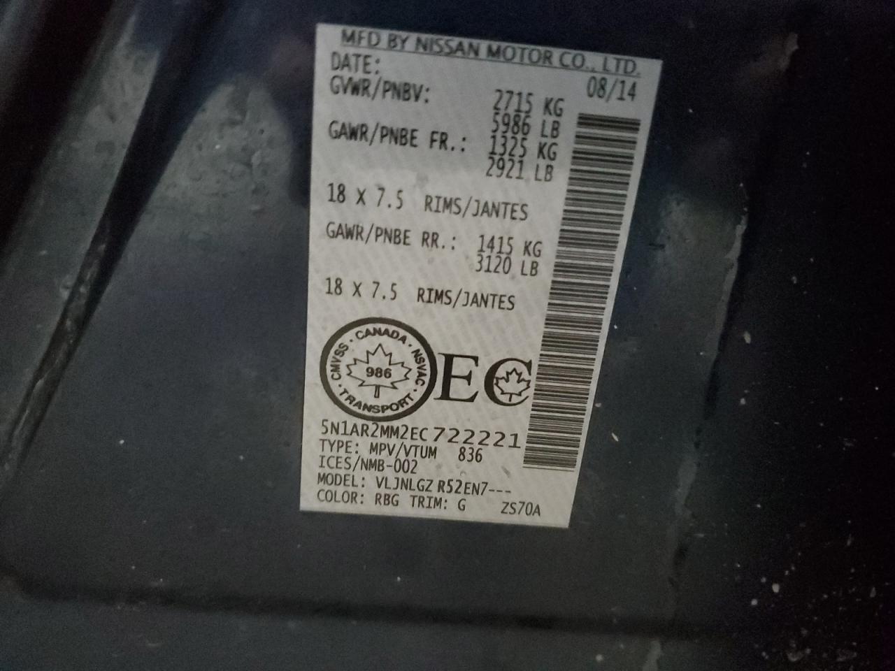 2014 Nissan Pathfinder VIN 5N1AR2MM2EC722221 Copart auction photo, front end / minor dent/scratches damage thumbnail 14