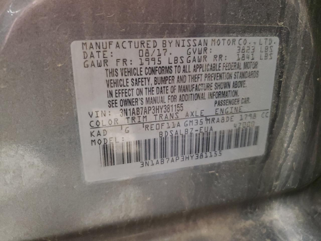 2017 Nissan Sentra VIN 3N1AB7AP3HY381155 Copart auction photo, front end damage thumbnail 12