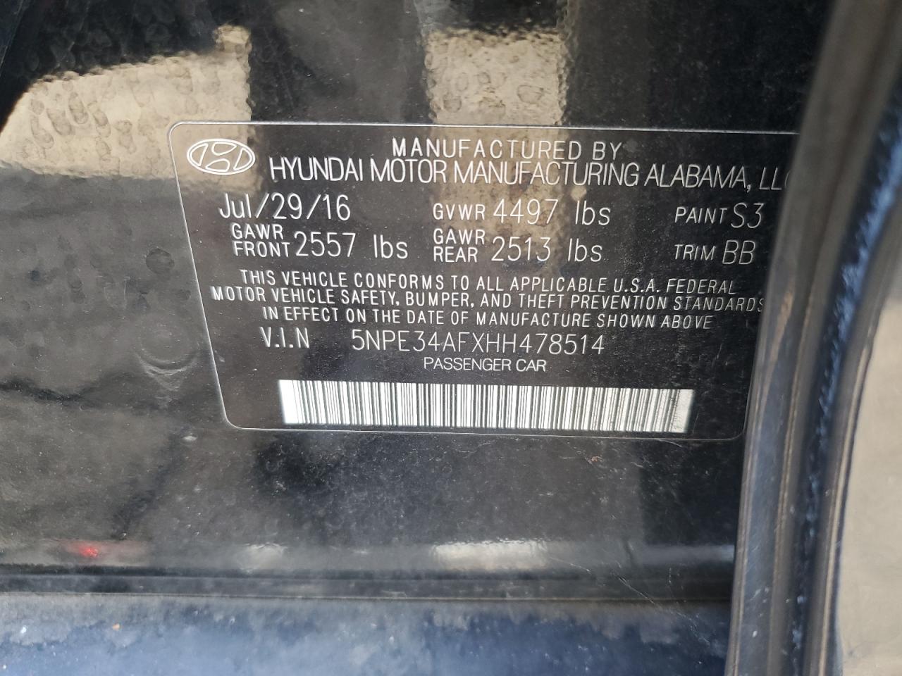 2017 Hyundai Sonata VIN 5NPE34AFXHH478514 Copart auction photo, front end damage thumbnail 14