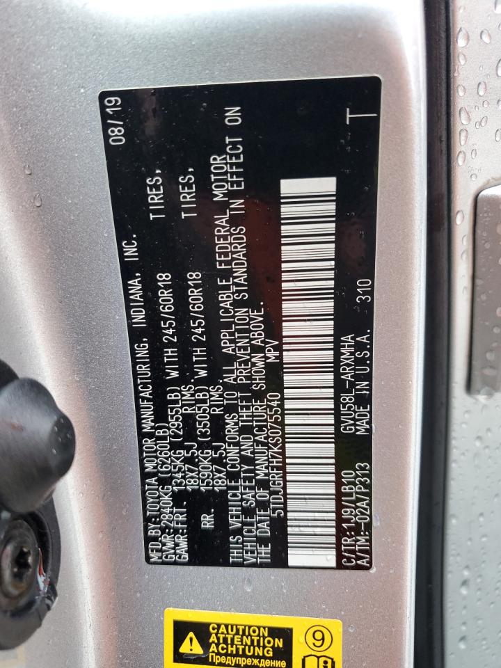 2019 Toyota Highlander VIN 5TDJGRFH7KS075540 Copart auction photo, front end damage thumbnail 14