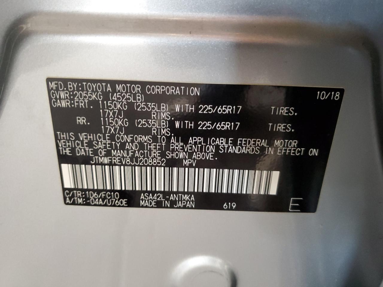 2018 Toyota RAV 4 VIN JTMWFREV8JJ208852 Copart auction photo, front end / undercarriage damage thumbnail 14