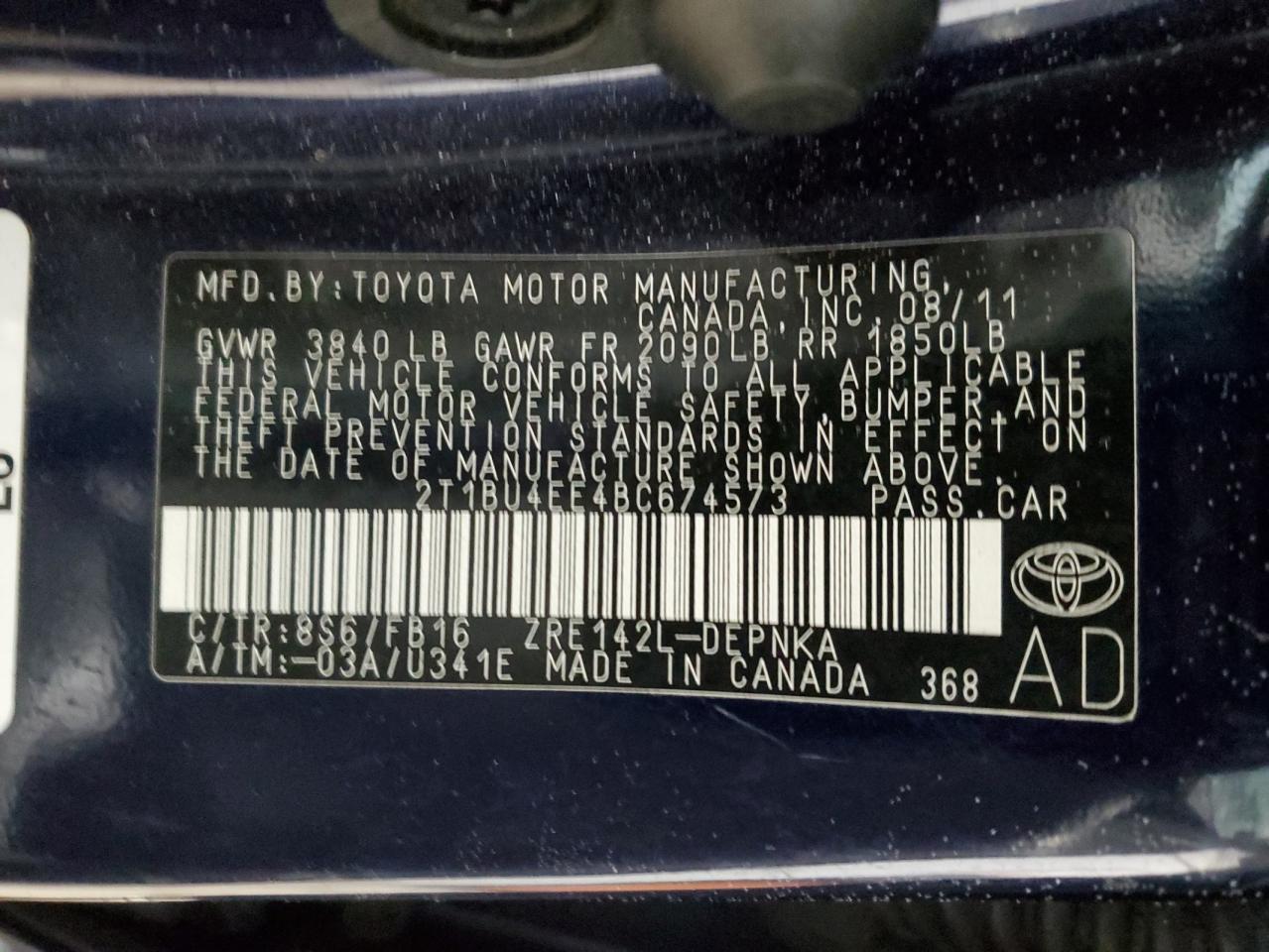 2011 Toyota Corolla VIN 2T1BU4EE4BC674573 Copart auction photo, front end / side damage thumbnail 14