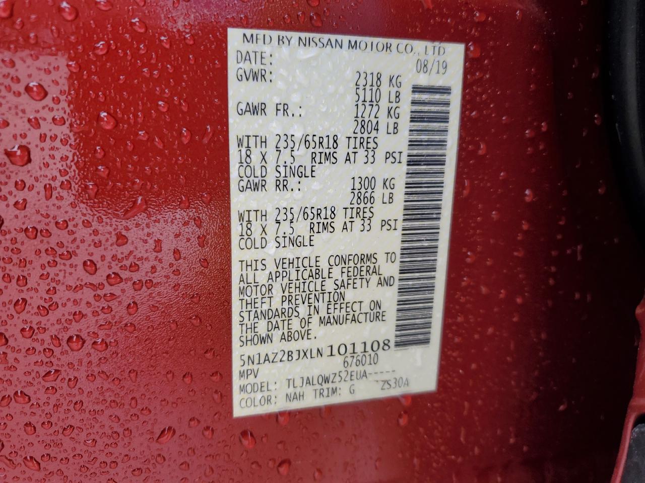 2020 Nissan Murano VIN 5N1AZ2BJXLN101108 Copart auction photo, side / undercarriage damage thumbnail 13