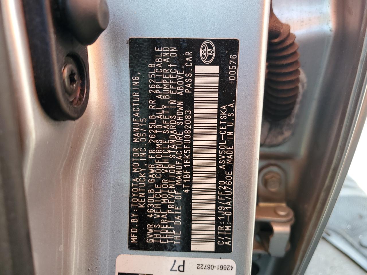 2015 Toyota Camry VIN 4T1BF1FK5FU082083 Copart auction photo, front end / rear end damage thumbnail 12