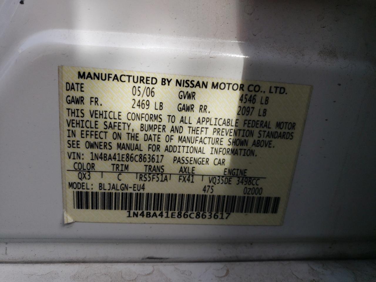 2006 Nissan Maxima VIN 1N4BA41E86C863617 Copart auction photo, front end damage thumbnail 12