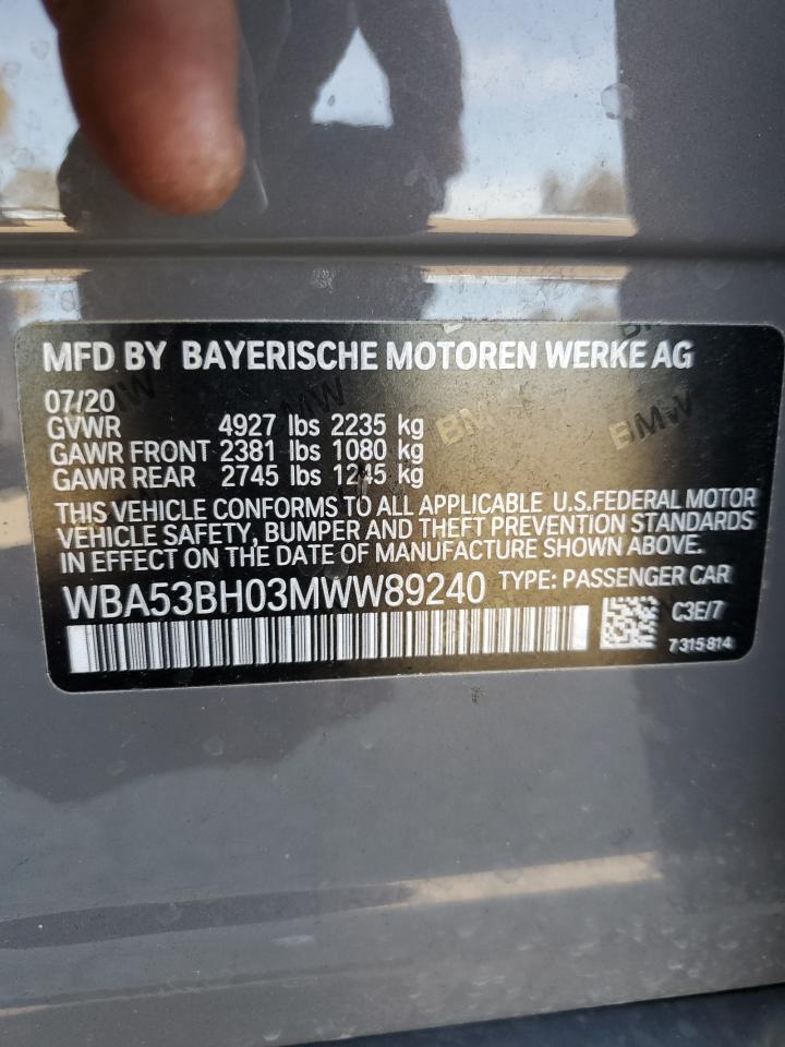 2021 BMW 5er VIN WBA53BH03MWW89240 Copart auction photo, mechanical damage thumbnail 12