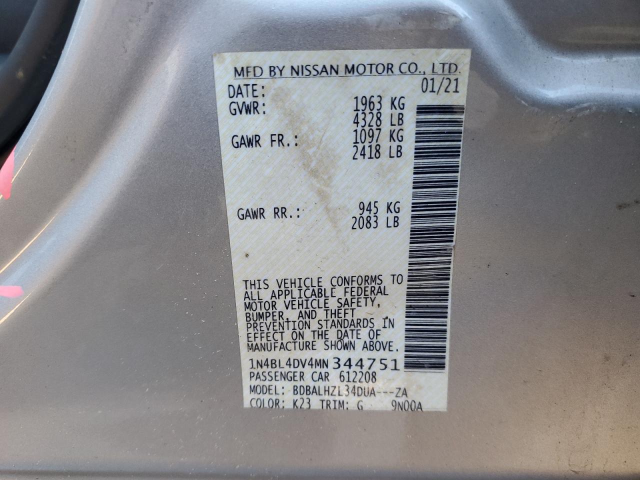 2021 Nissan Altima VIN 1N4BL4DV4MN344751 Copart auction photo, side / minor dent/scratches damage thumbnail 12