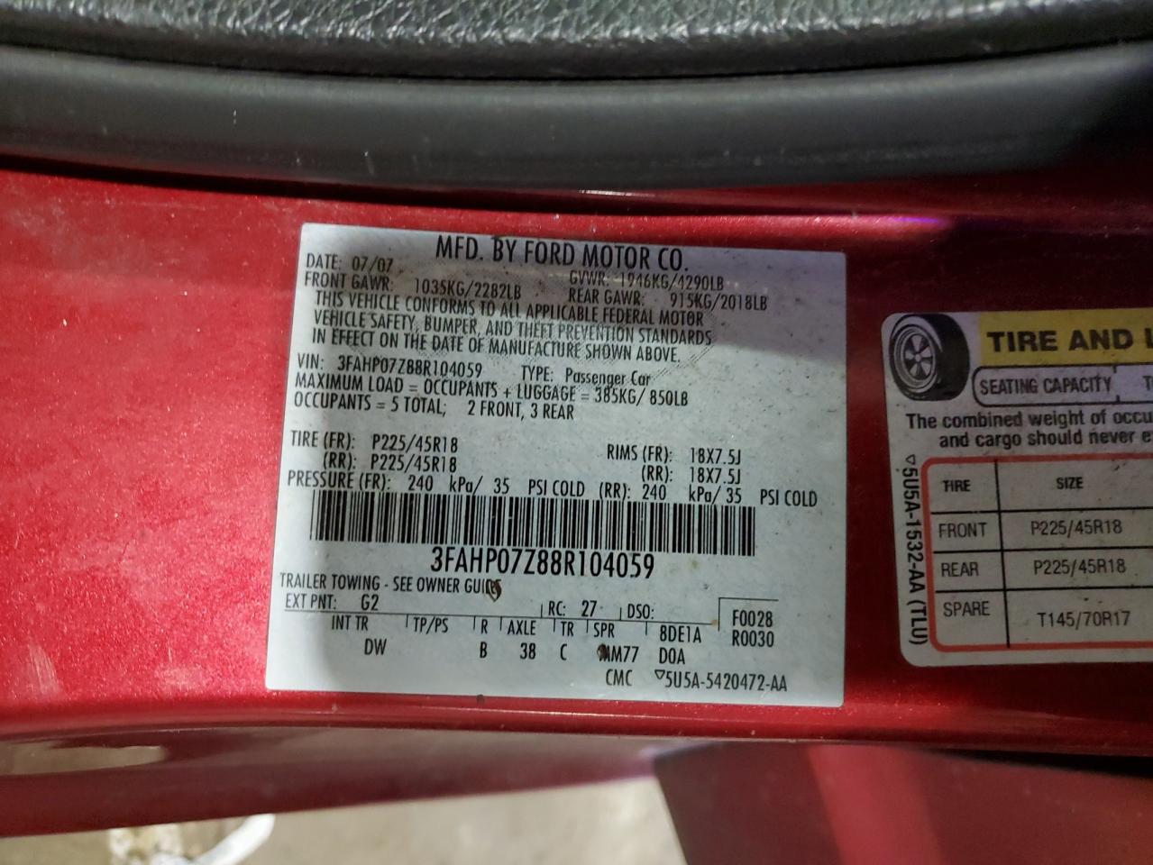 2008 Ford Fusion VIN 3FAHP07Z88R104059 Copart auction photo, front end / side damage thumbnail 14