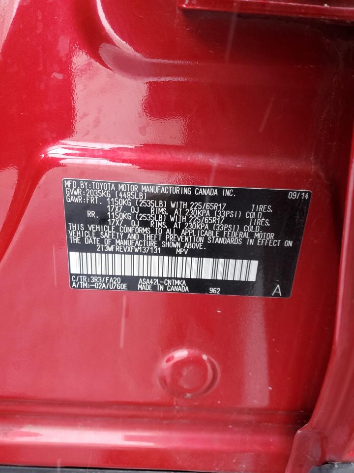 2015 Toyota RAV 4 VIN 2T3WFREVXFW137131 Copart auction photo, front end / side damage thumbnail 15