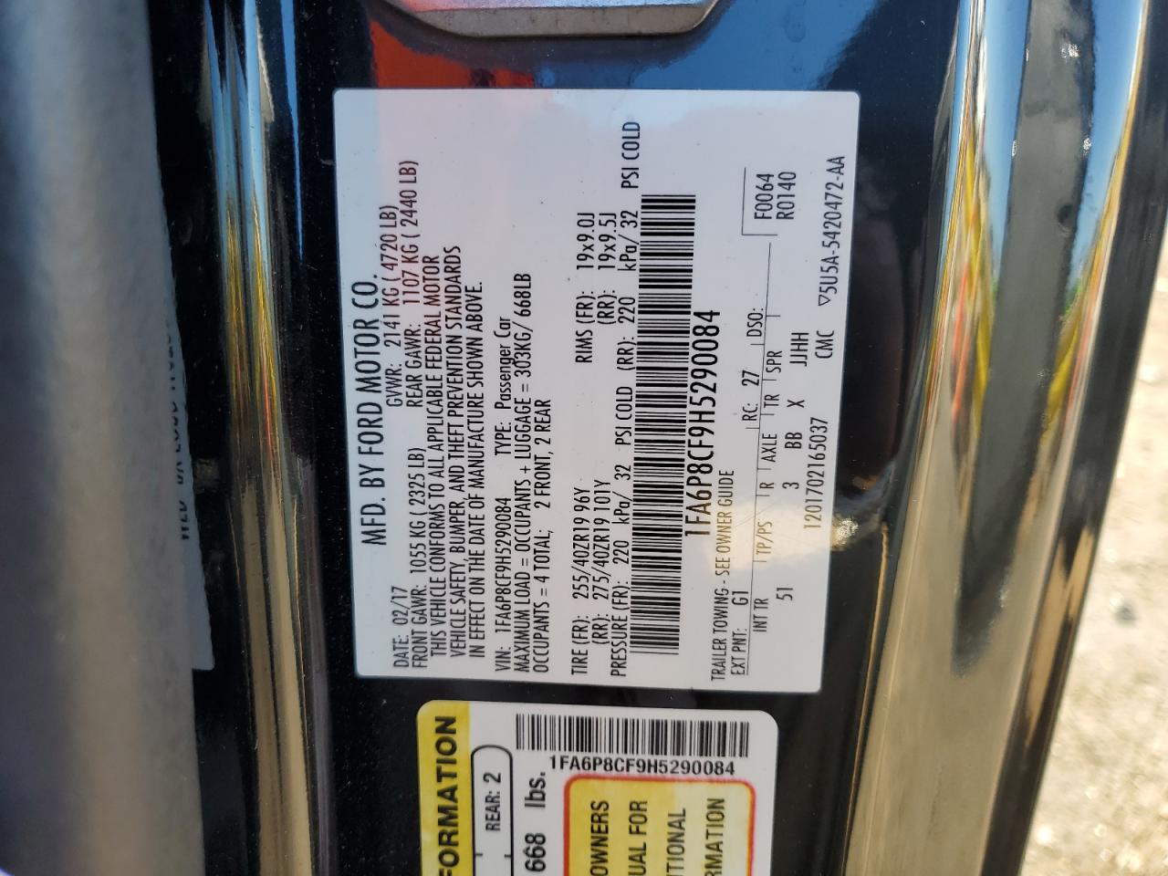 2017 Ford Mustang VIN 1FA6P8CF9H5290084 Copart auction photo, rear end damage thumbnail 12