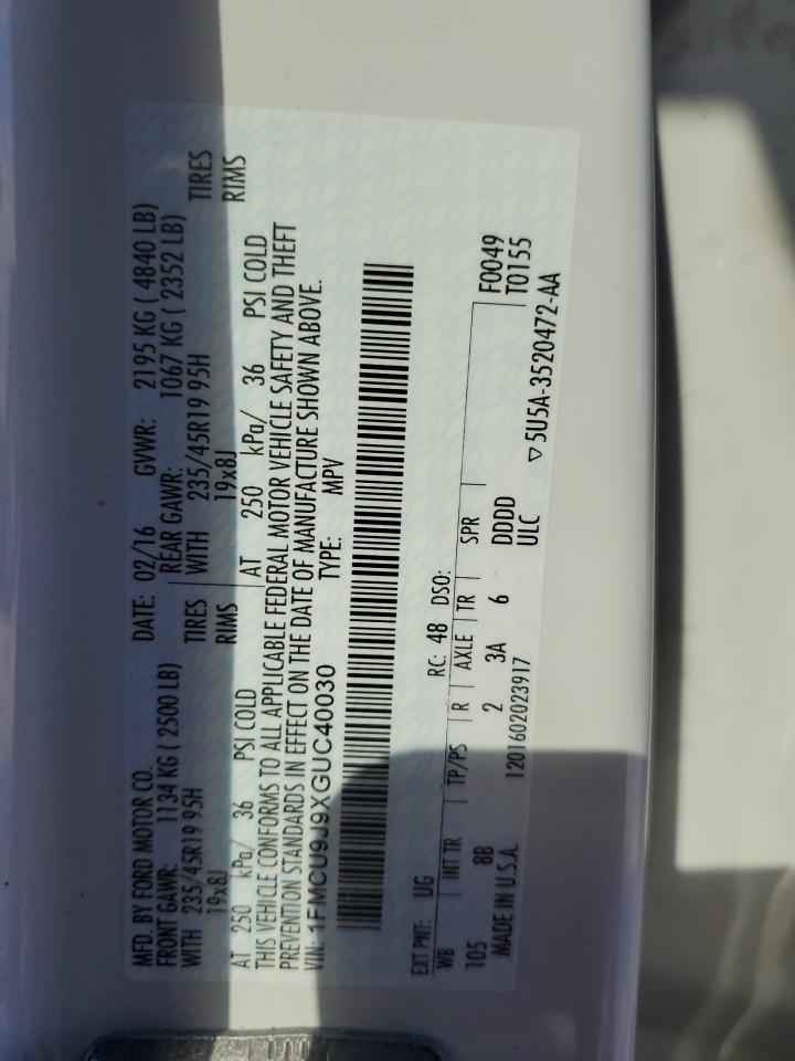 2016 Ford Escape VIN 1FMCU9J9XGUC40030 Copart auction photo, front end / minor dent/scratches damage thumbnail 13