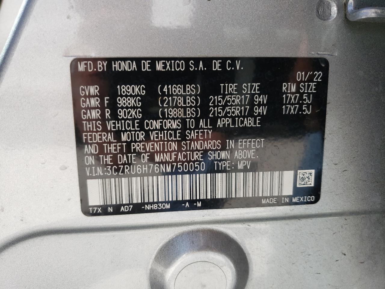 2022 Honda HR-V VIN 3CZRU6H76NM750050 Copart auction photo, front end / minor dent/scratches damage thumbnail 12