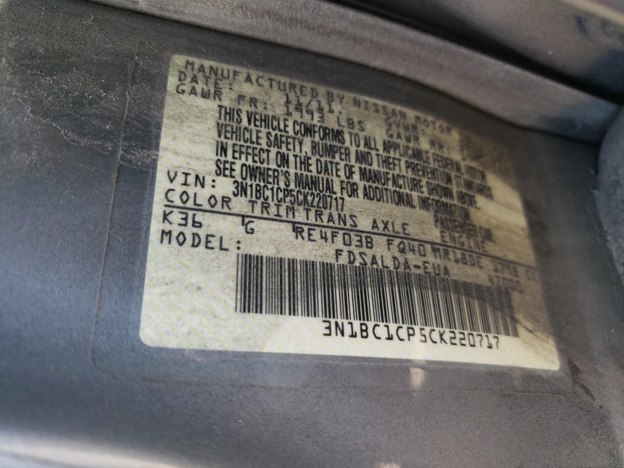 2012 Nissan Versa VIN 3N1BC1CP5CK220717 Copart auction photo, front end / side damage thumbnail 15