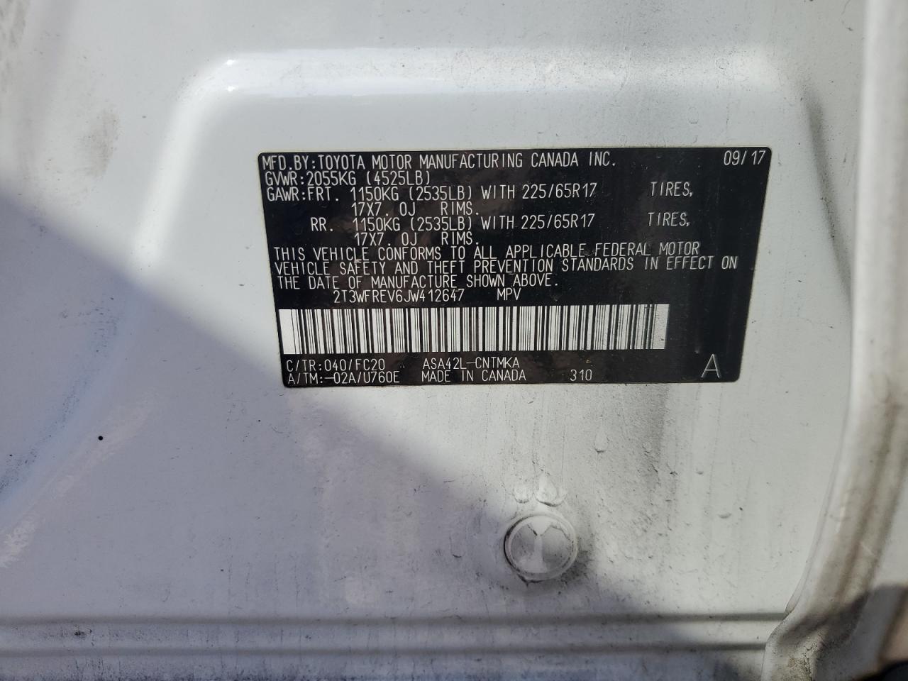 2018 Toyota RAV 4 VIN 2T3WFREV6JW412647 Copart auction photo, front end / top/roof damage thumbnail 13