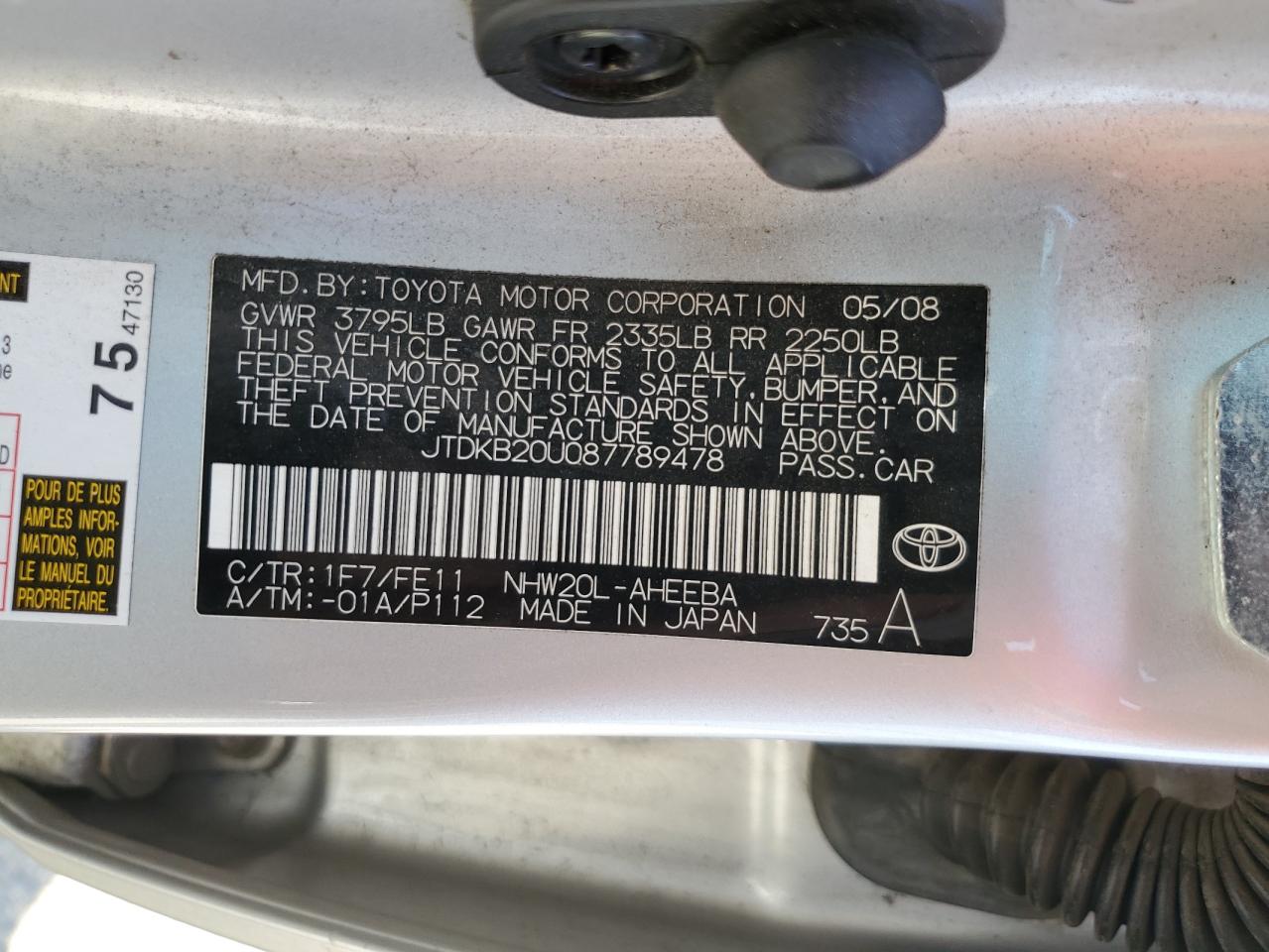 2008 Toyota Prius VIN JTDKB20U087789478 Copart auction photo, mechanical damage thumbnail 12