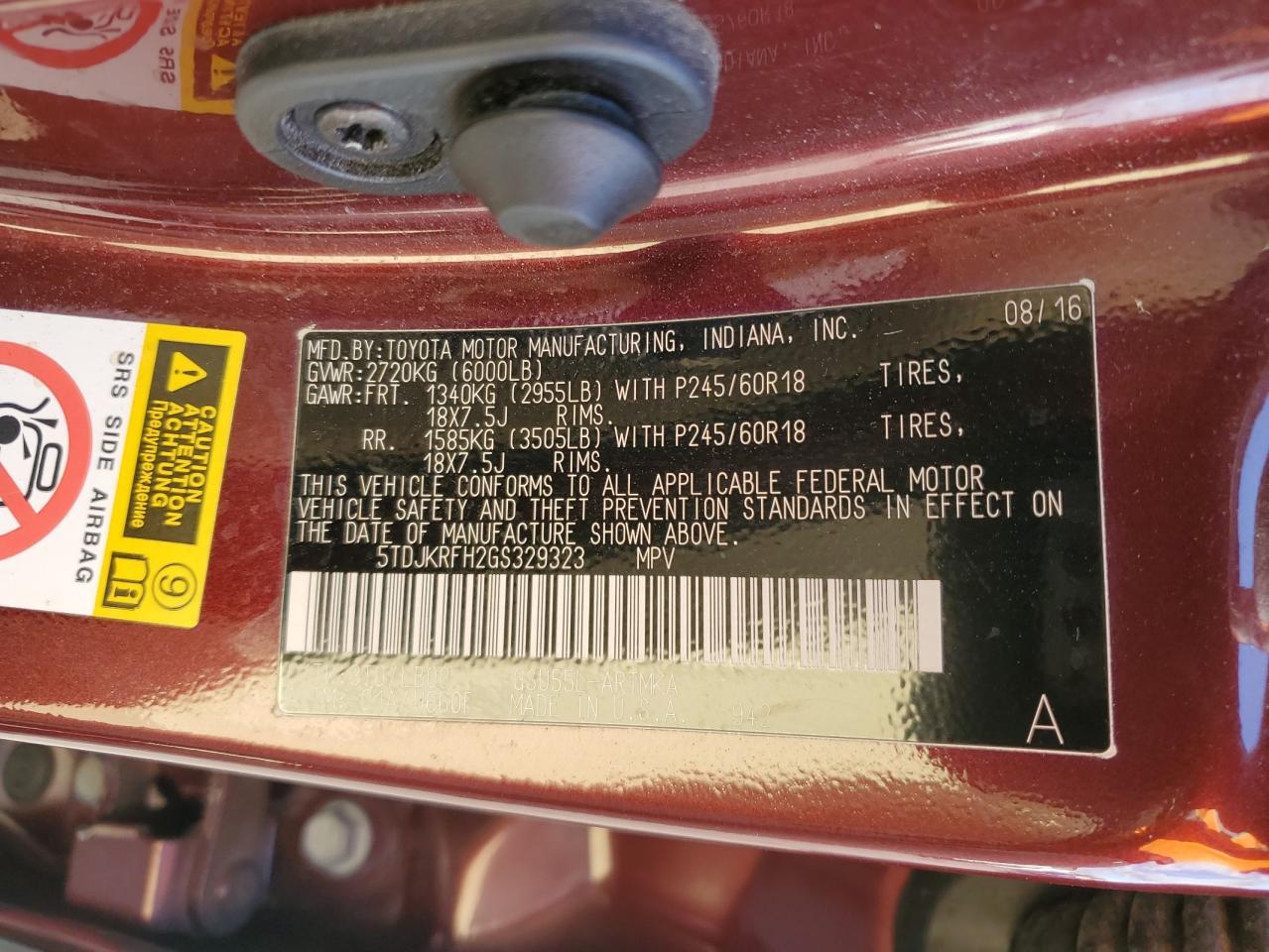 2016 Toyota Highlander VIN 5TDJKRFH2GS329323 Copart auction photo, front end damage thumbnail 13