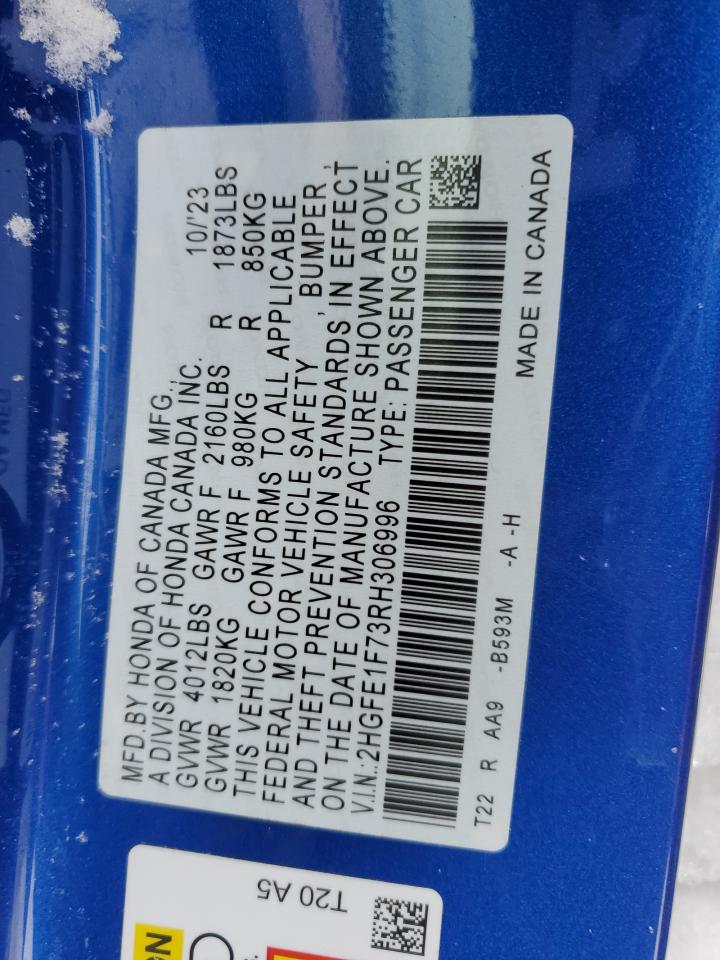2024 Honda Civic VIN 2HGFE1F73RH306996 Copart auction photo, all over damage thumbnail 12