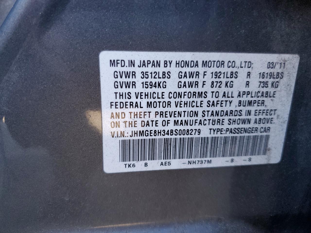 2011 Honda Fit VIN JHMGE8H34BS008279 Copart auction photo, side / all over damage thumbnail 12