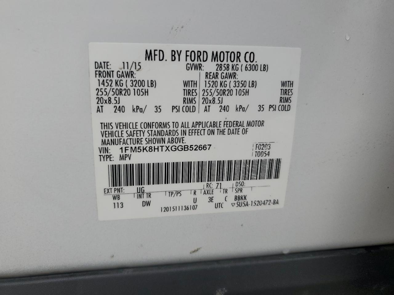 2016 Ford Explorer VIN 1FM5K8HTXGGB52667 Copart auction photo, vandalism / minor dent/scratches damage thumbnail 15