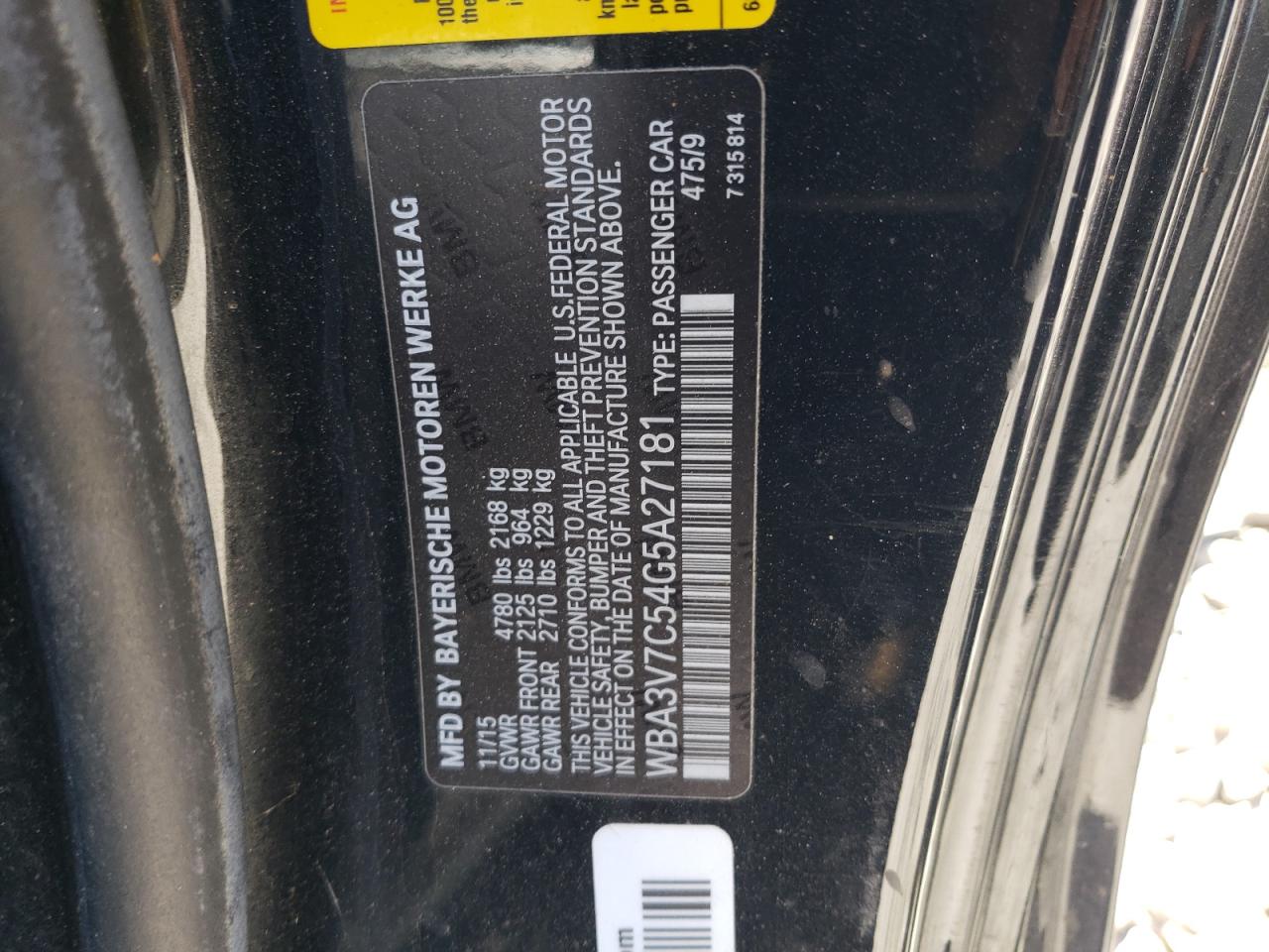 2016 BMW 4er VIN WBA3V7C54G5A27181 Copart auction photo, side damage thumbnail 14