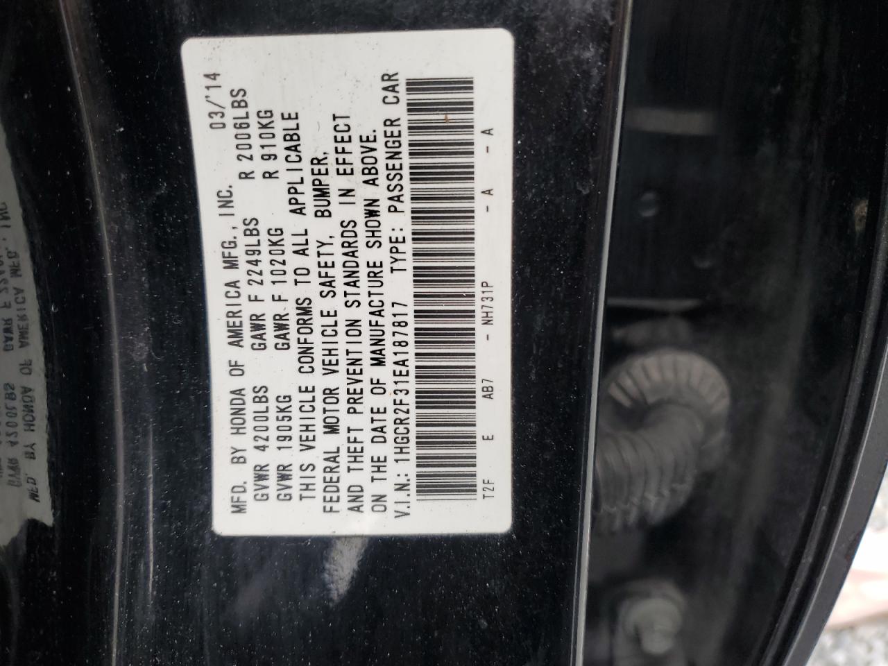 2014 Honda Accord VIN 1HGCR2F31EA187817 Copart auction photo, front end damage thumbnail 13